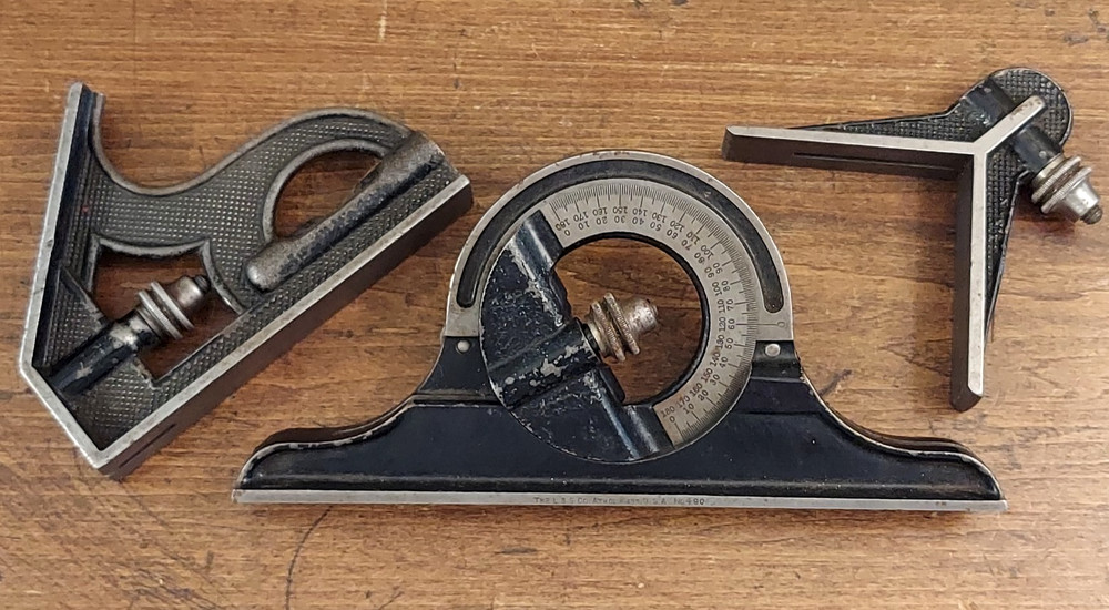 Vtg Starrett Combination Square w/ No. 490 Protractor + Center Head