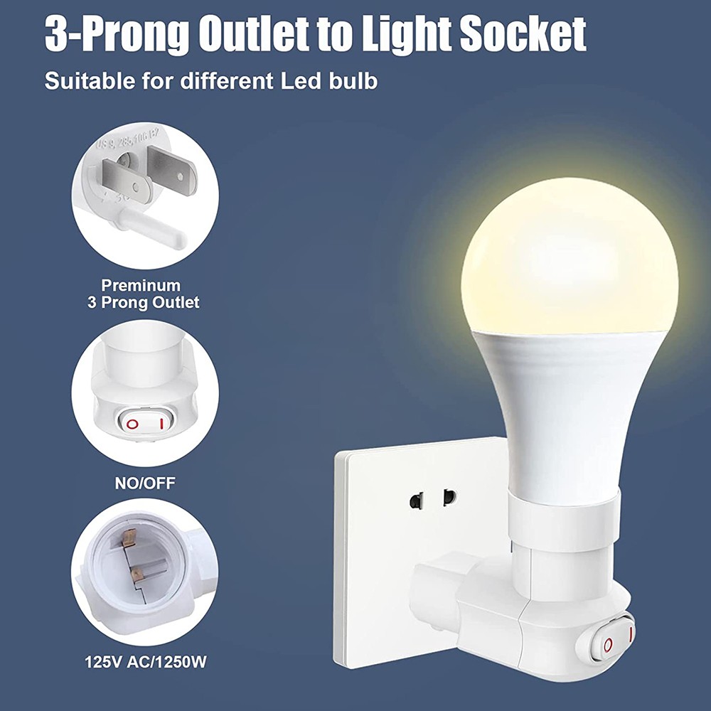 4X 360° Plug in Light Socket Outlet to Light Bulb 3-Prong Outlet Socket Adapter
