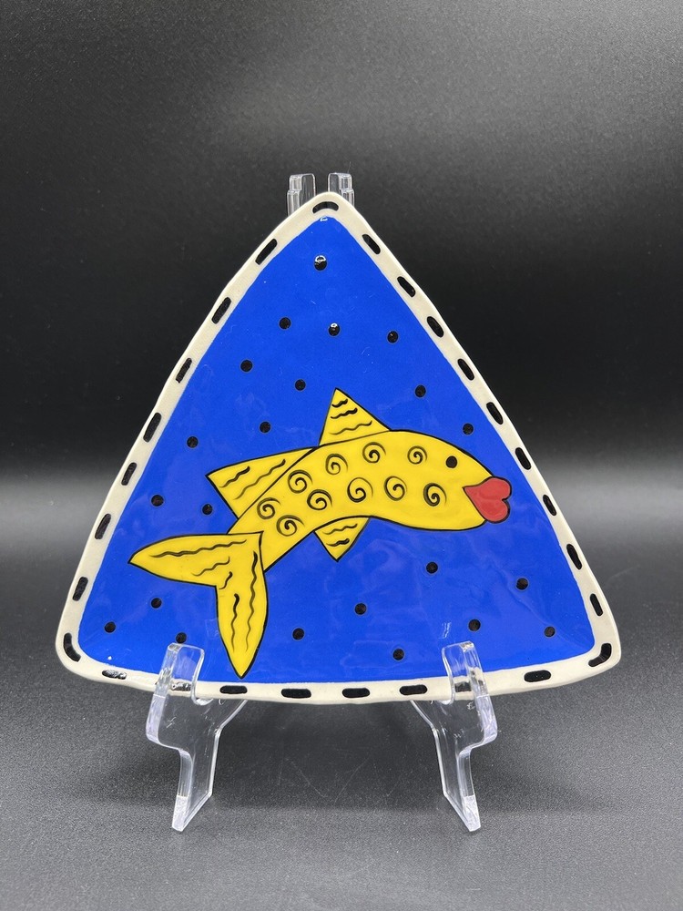 Hand Thrown Ceramic Raised Dish by DMF, Fish, Triangular Shape