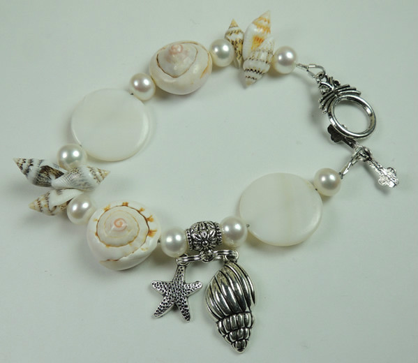 Shells Pearls MOP Bracelet with Starfish & Shell Charms Beach Wedding Handmade