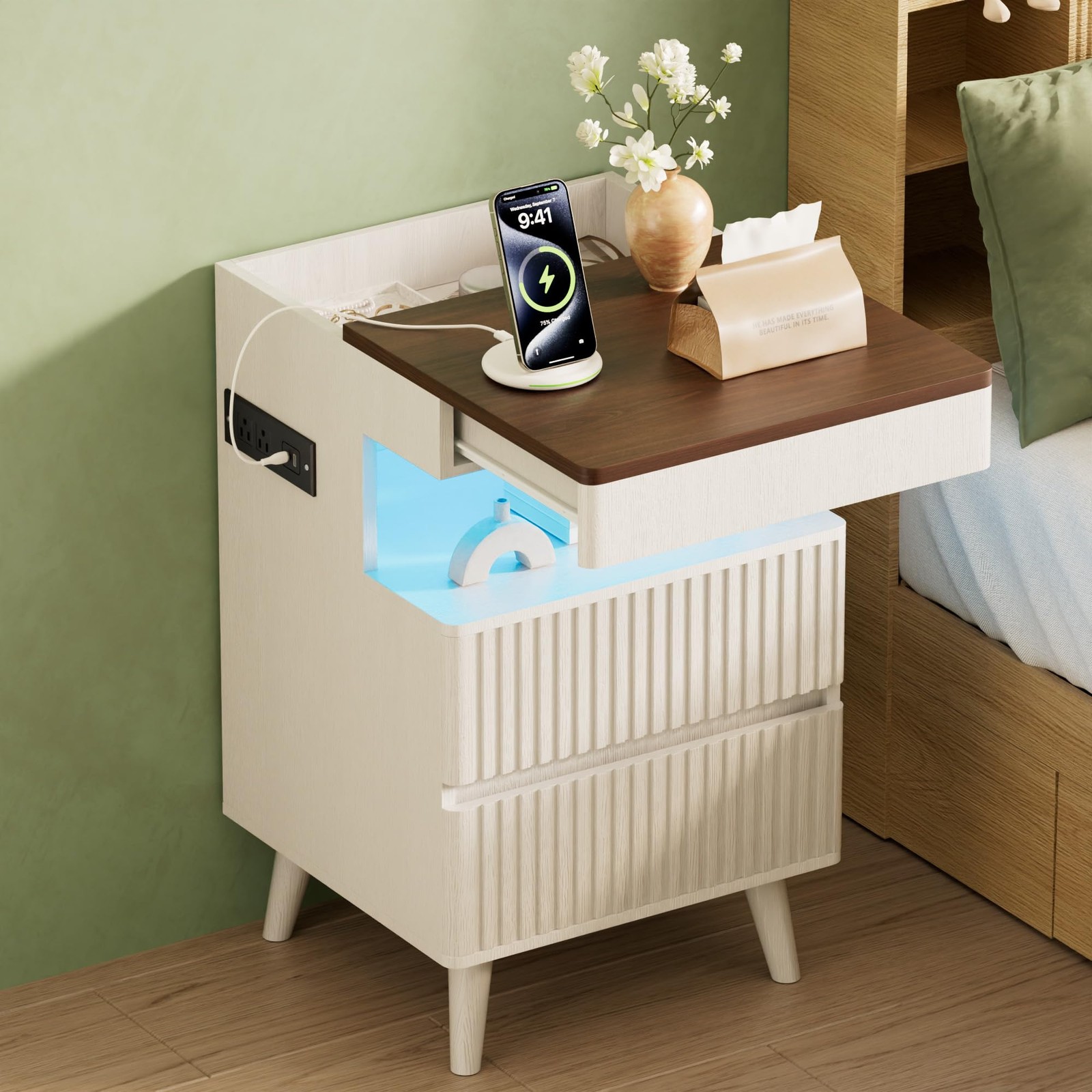 26" Tall Fluted NightStand w/Charging Station & LED Light,with 3 Storage Drawers