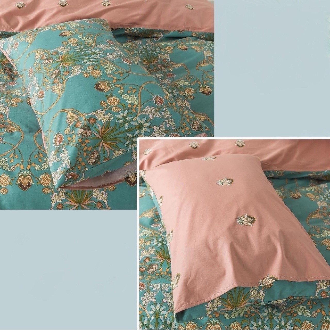 NEW Anthro Green Pink Reversible Floral King Boho Duvet Bedding Sham Case Set