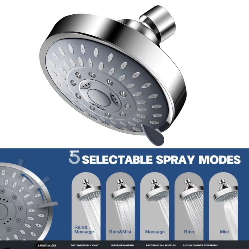 4" Chrome Finish 5 Function Shower Head High or Low Pressure With 5 Spray