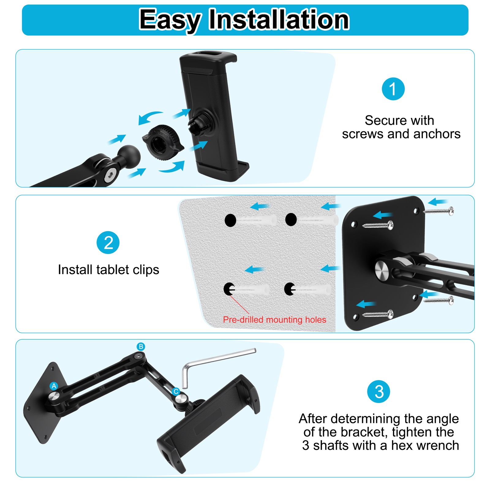 Tablet Wall Mount Holder 360° Rotating for 4.7-12.9"iPad Pro Air Mini Galaxy Tab