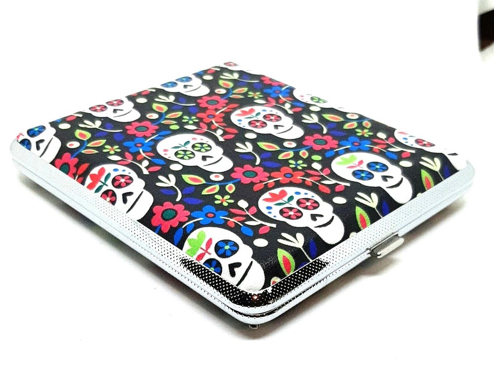 RYO Multiple Sugar Skulls Silver Framed PU Leather 100s Size Cigarette Case