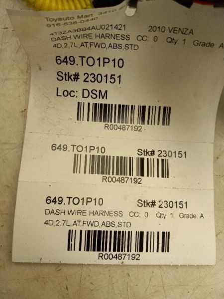 10 TOYOTA VENZA DASH WIRE HARNESS 2.7L