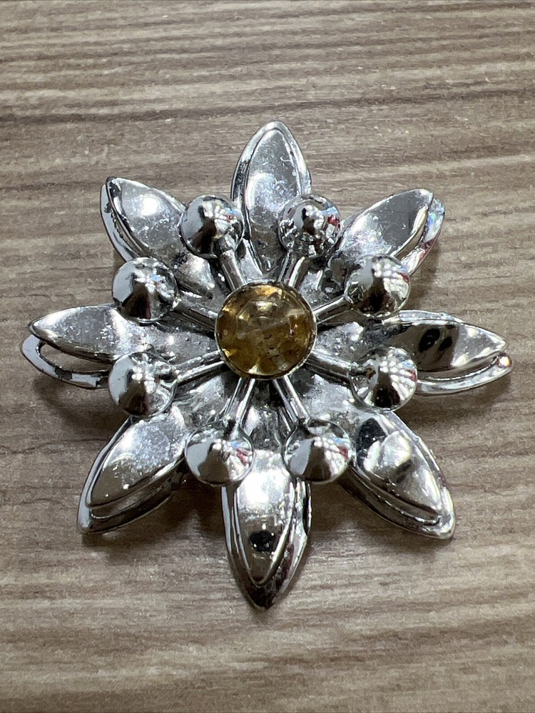 Yellow Rhinestone Flower Brooch Exquisite EUC