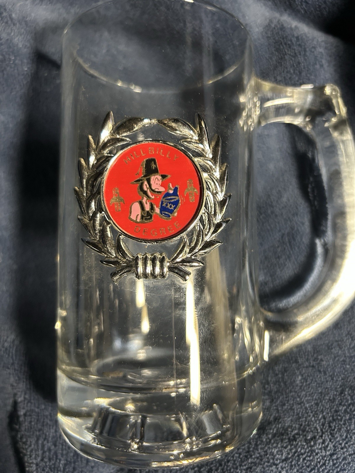 Nice Hillbilly Degree Beer Mug With Raised Applied Emblem Rare Vintage Glass