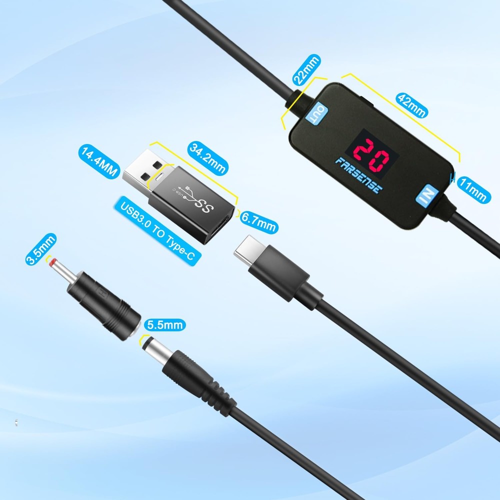 FARSENSE USB C to DC Adapter,Barrel PD Trigger Cable(3.3ft) with A to...