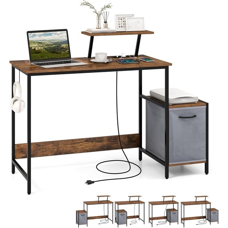 Industrial Study Desk W/ Charging Station Reversible Drawer Hook Organizer New
