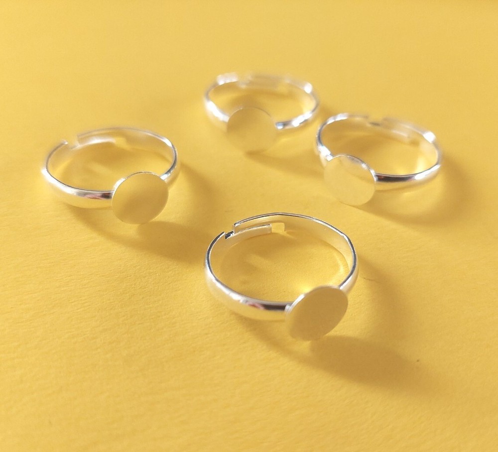 Adjustable Ring Blanks Silver Settings Brass with 8mm Pad Glue On Shanks 4pcs