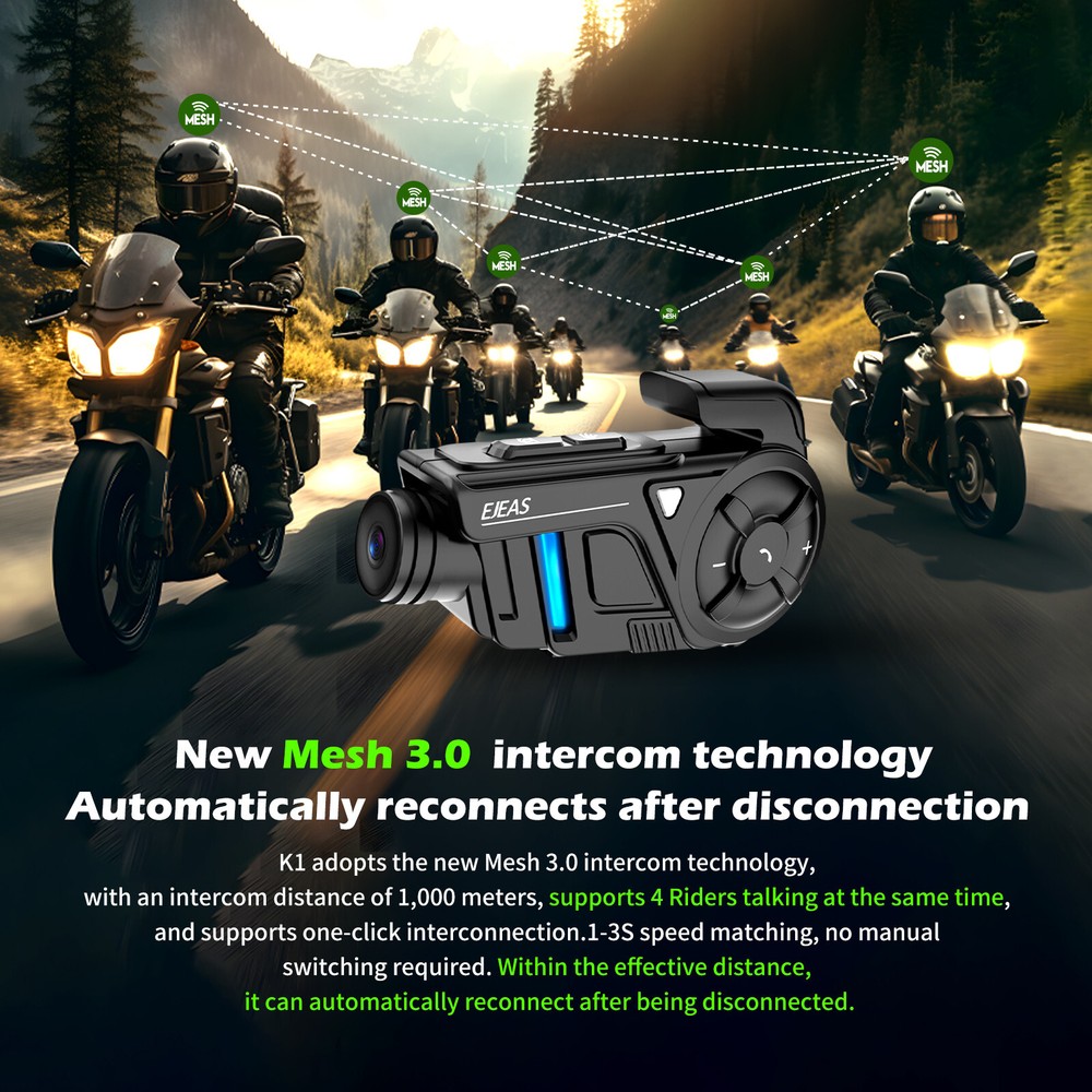 2 Set Motorcycle Bluetooth Mesh Intercom with 2K Camera Recorder for 2 Rider