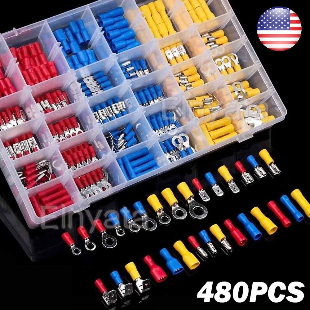 480pcs Electrical Wire Connector Assorted Insulated Crimp Terminal Spade Set Kit