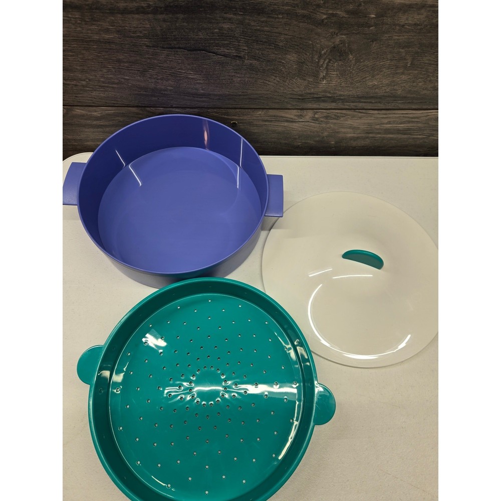 Tupperware Multi Server 3 Piece Steamer Strainer Blue Teal White 3066A-3