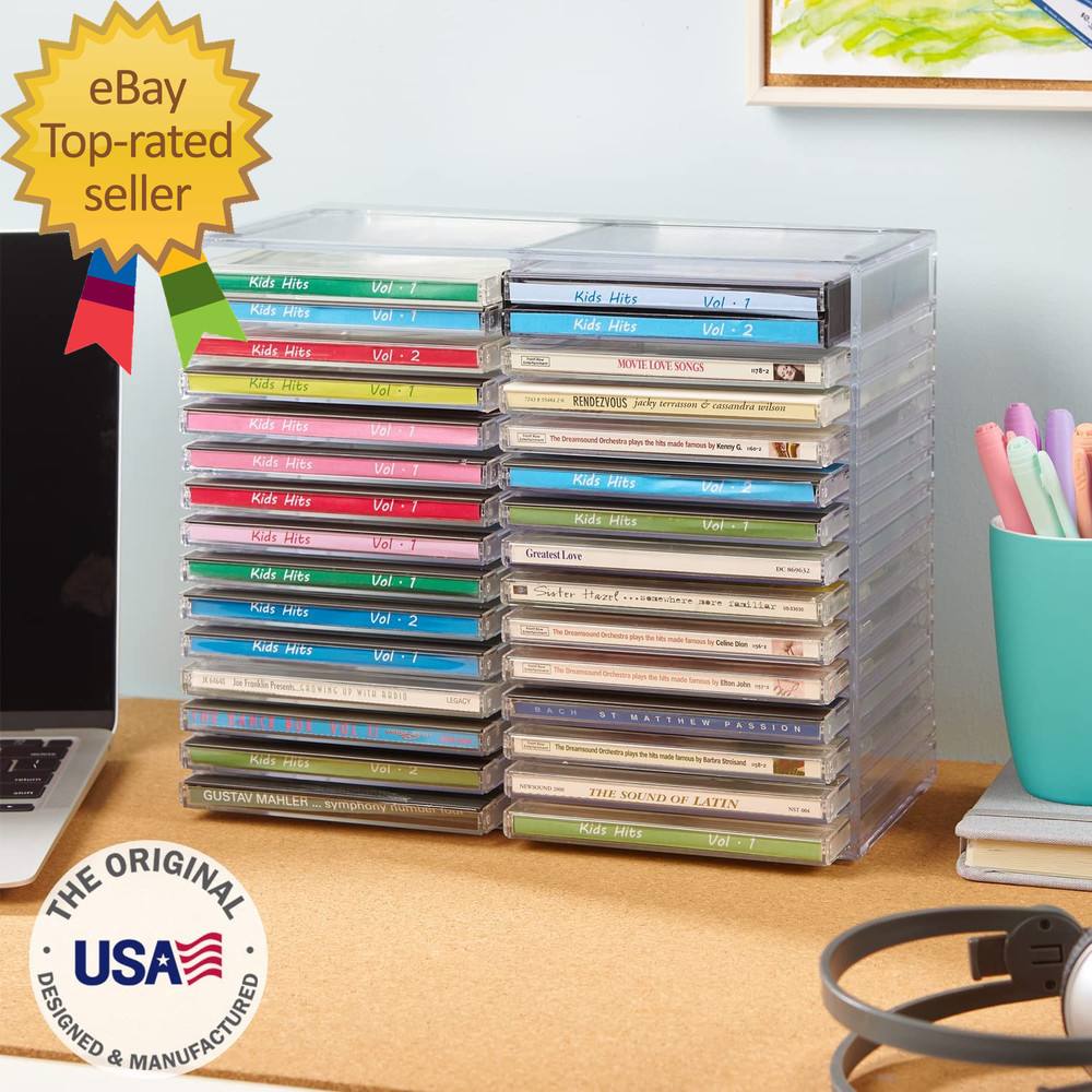 Stackable Clear Plastic CD Organizer with Rubber Feet Rectangular Jewel Cases