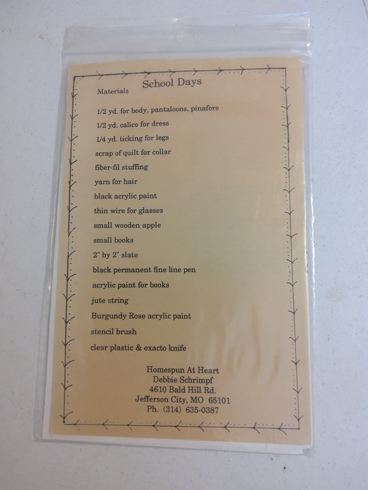 Doll Pattern Homespun At Heart Designs School Days 12" Tall