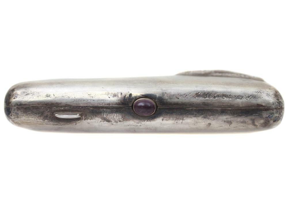 A RUSSIAN 84 SILVER CIGARETTE CASE WITH AMETHYST BUTTON BY SAZIKOV