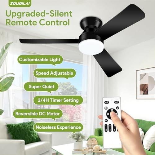 42" Low Profile Ceiling Fan with Light & Remote, Dimmable, Reversible DC Motor,