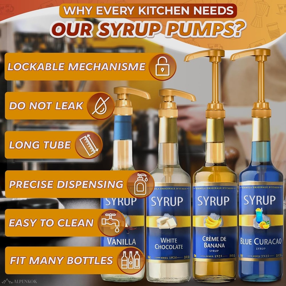 4 Pcs Gold Coffee Syrup Pump Dispenser Set - Precise 0.3oz Lockable Design