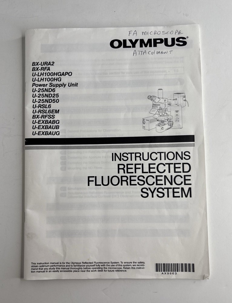Olympus Reflected Fluorescence System Instructions Owner's Manual 2001