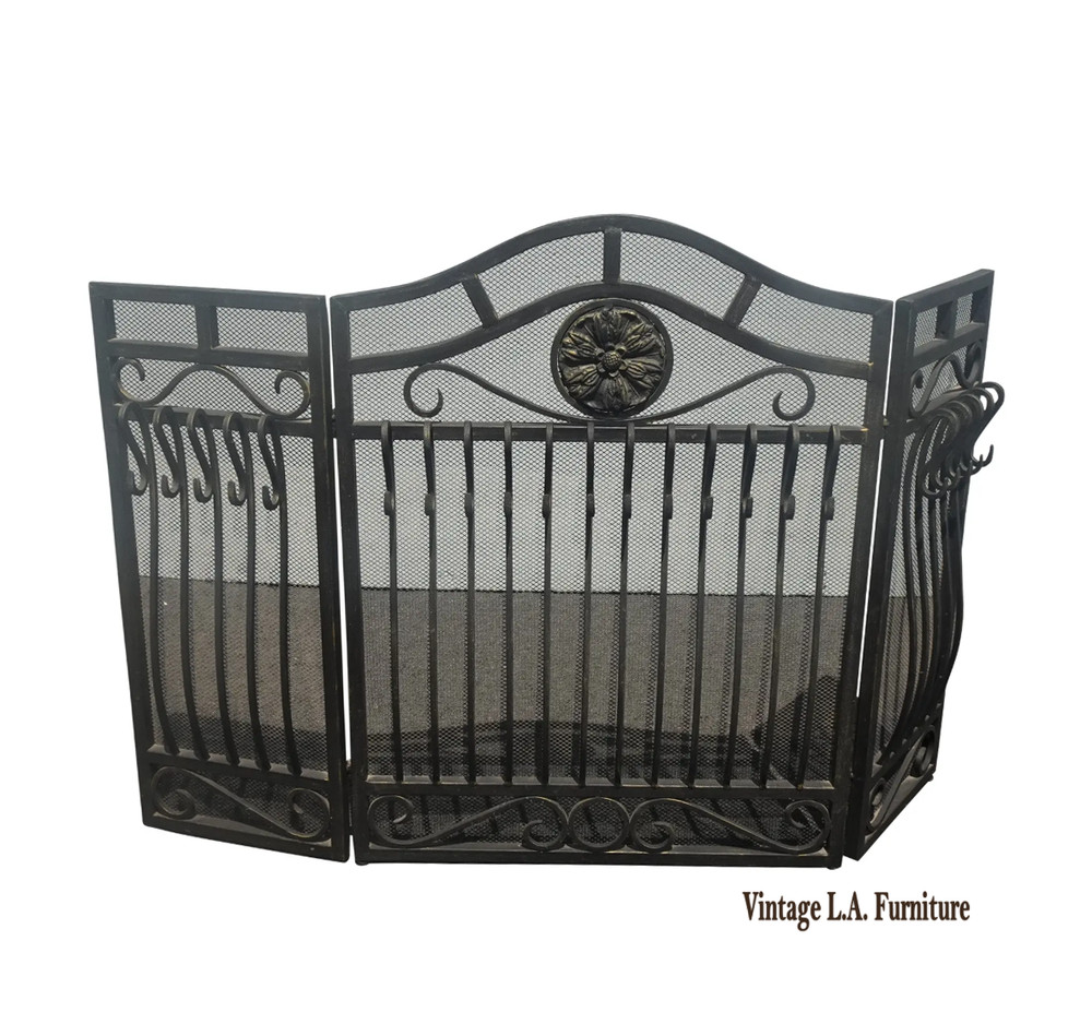 Vintage Spanish Style Black Iron Three Panel Fireplace Screen
