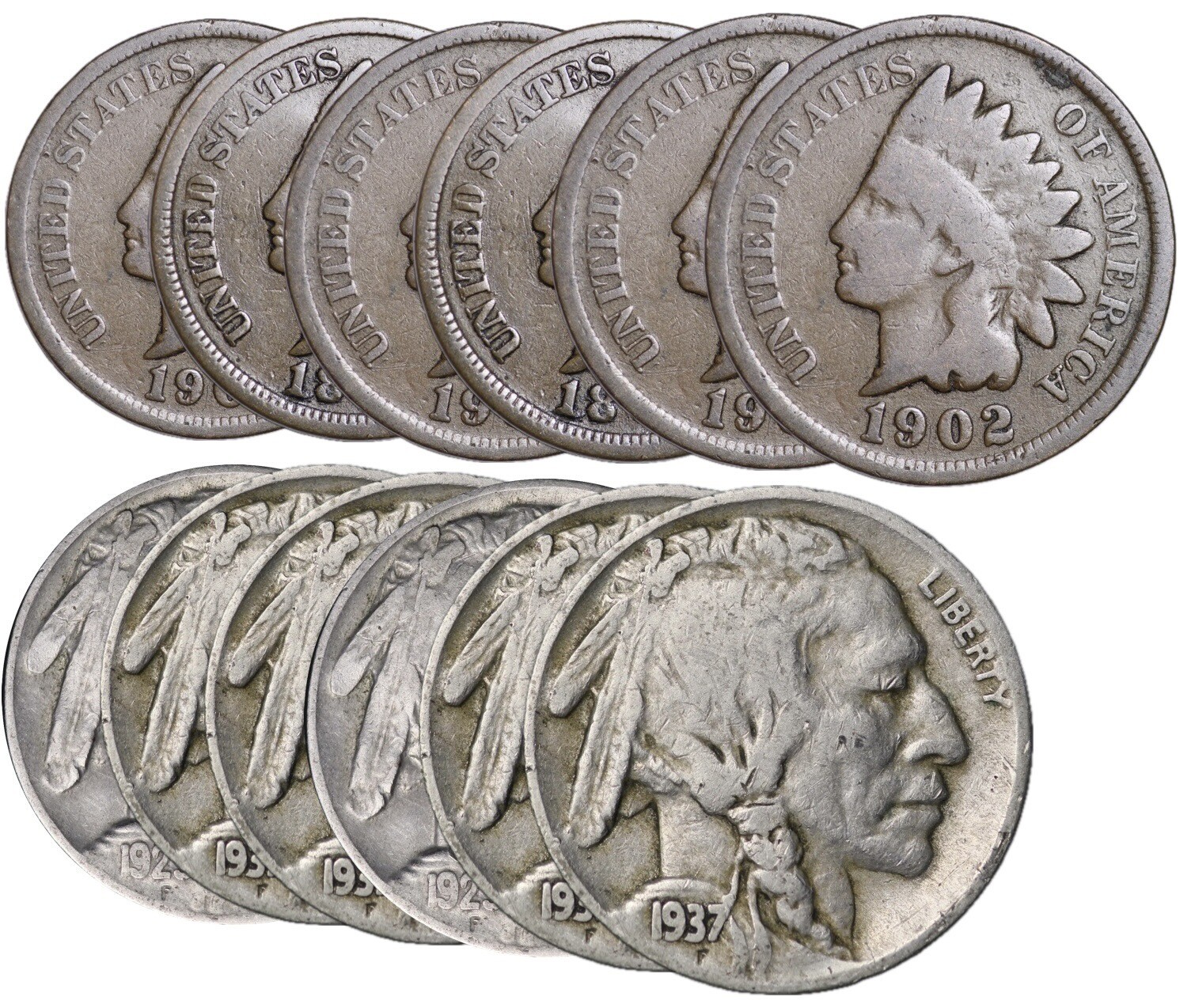 Lot of 12 Coins 6 Indian Head Cents & 6 Buffalo Nickels Nice Native American Lot