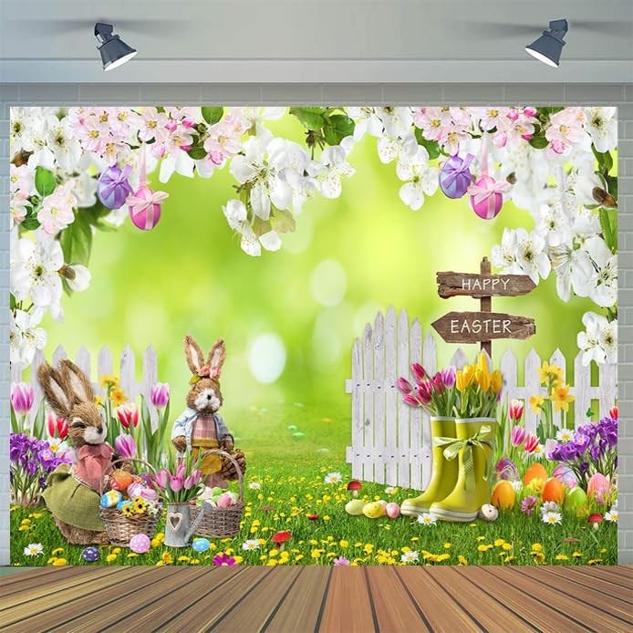 Easter Photo Backdrop Spring Flowers Colored Egg Rabbit Background 7x5 FT