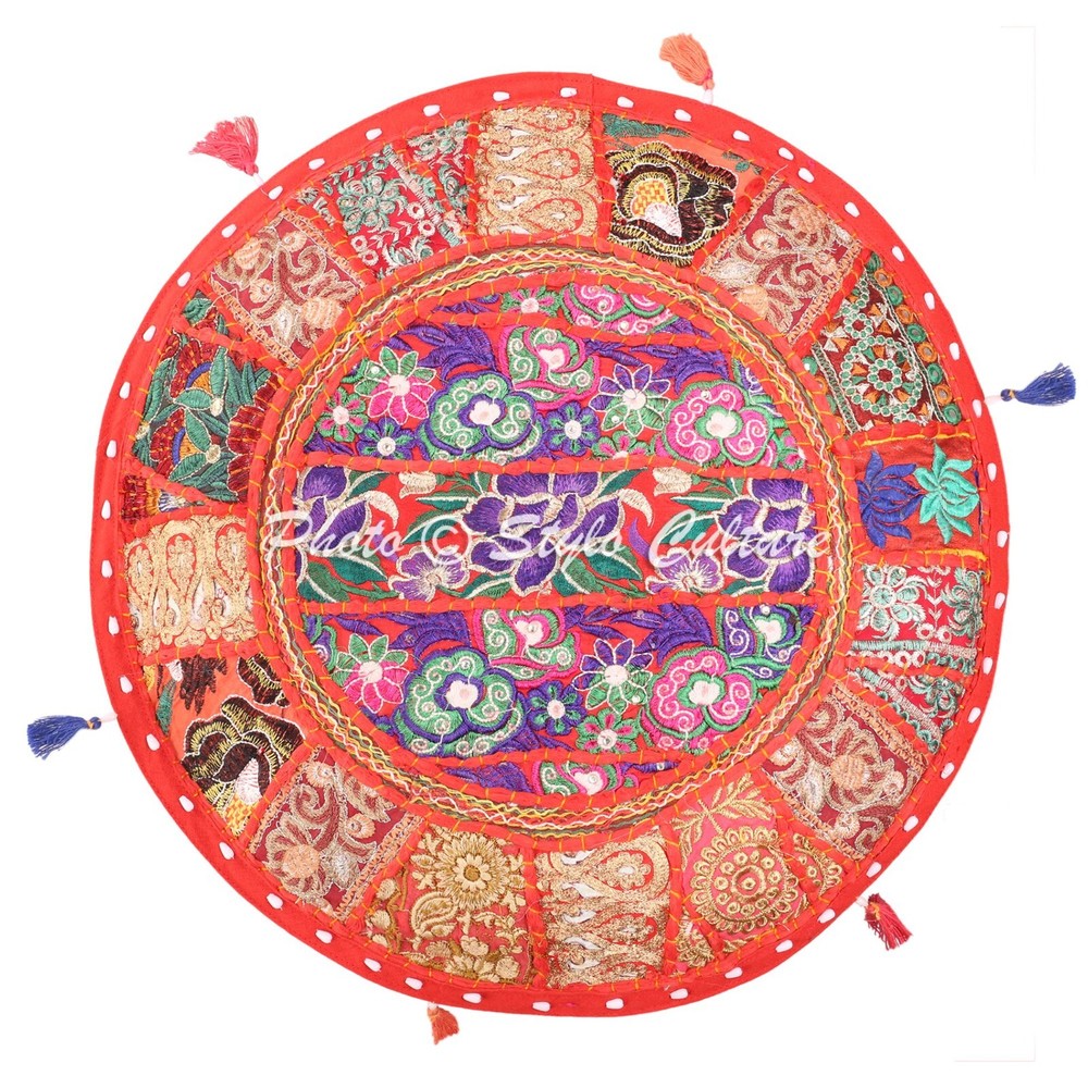 Handmade Bohemian Patchwork Red Ottoman Pouf Cover Seating Foot Stool 16 in