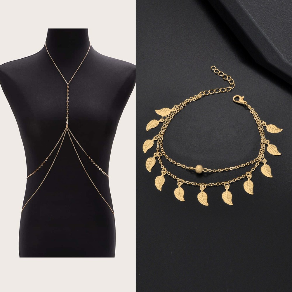 Layered Crossover Bikini Body Chain and Leaf Charm Double layer Anklet