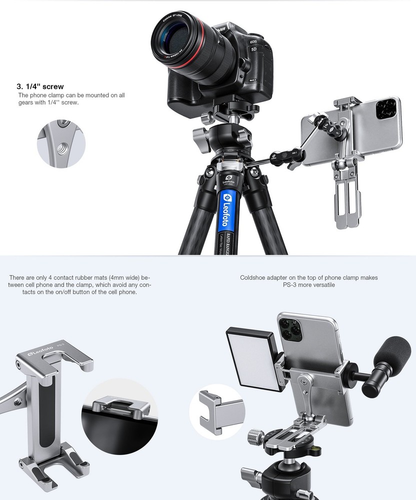 Leofoto PS-3 Multi-Functional Foldable Cellphone Stand Arca Cold Shoe Silver