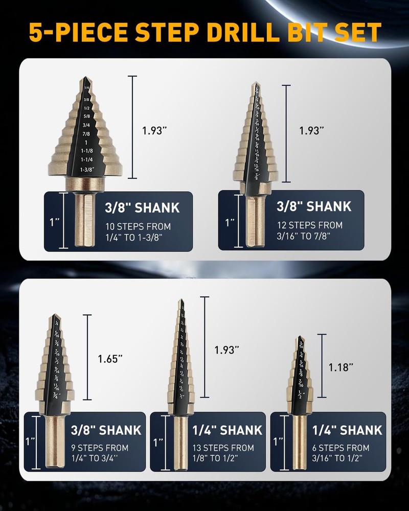 COMOWARE Step Drill Bit Set & Automatic Center Punch- Black and Gold, Double ...