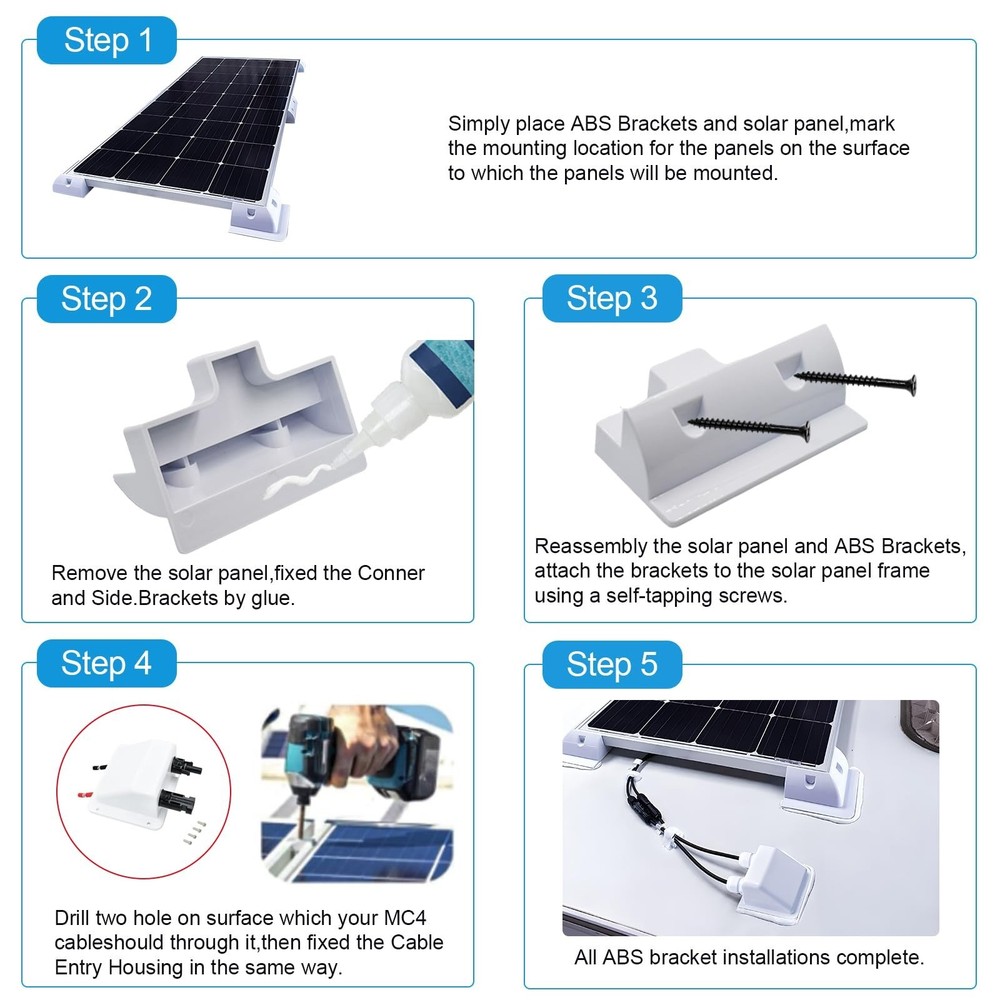 2-Pack White PC No-Drill Solar Panel Corner Mounting Brackets, RV Boat Van Ro...