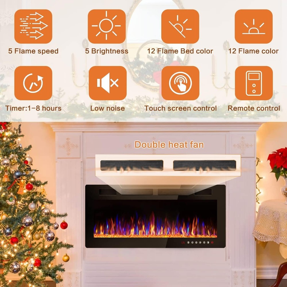 72'' Ultra-Thin Silence Linear Electric Fireplace Recessed Wall Mounted 8h Timer