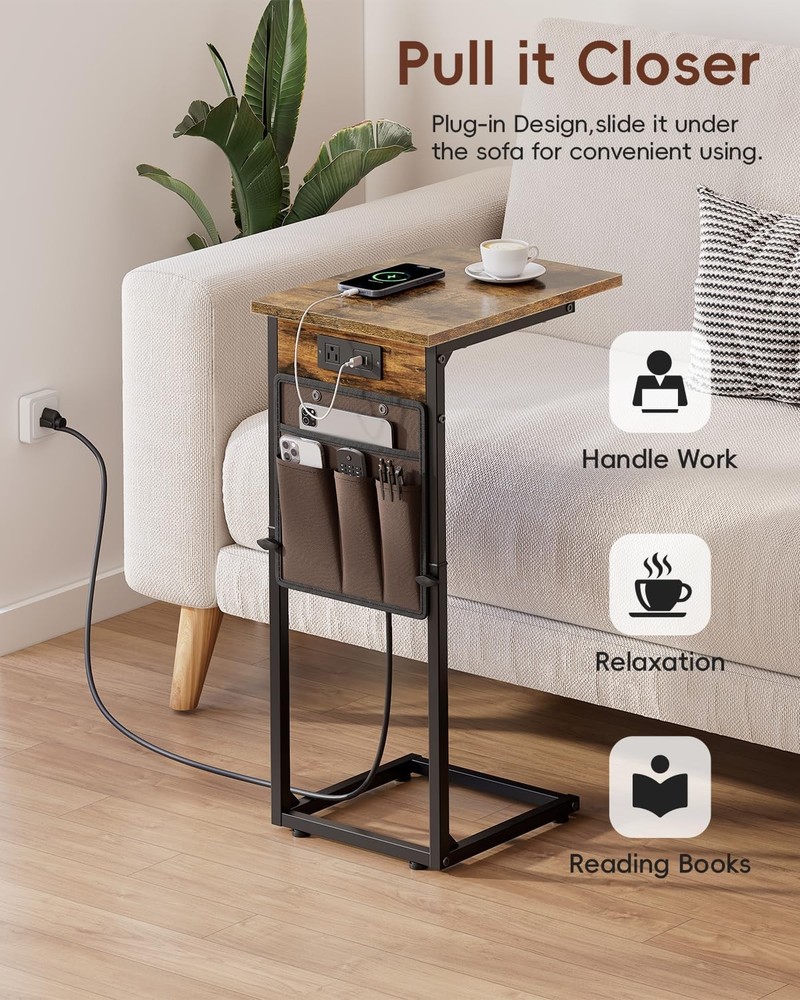 C Shaped End Table W/ Charging Station Adjustable Height Side Table Couch Small