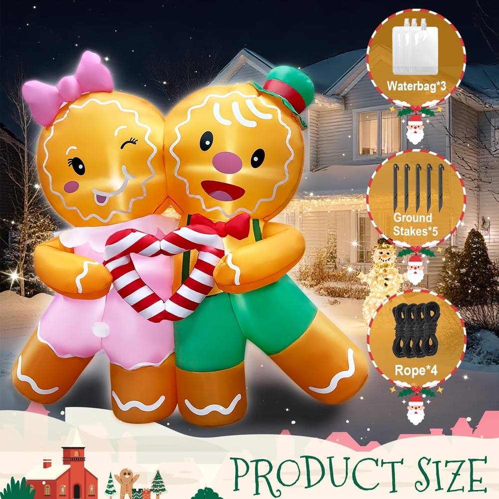 5ft Christmas Inflatables Gingerbread Lovers Decorations Built-in LED Lighted...