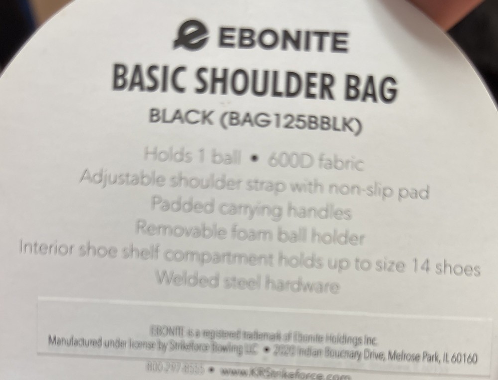 Ebonite Basic 1 Ball Shoulder Tote Bowling Bag Black 125BBLK