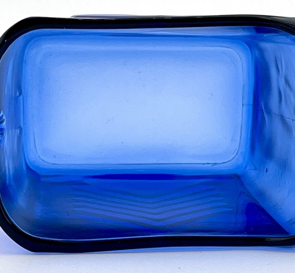 Vintage Cobalt Blue Glass Rectangular Cup with Handle Chevron Design MINT