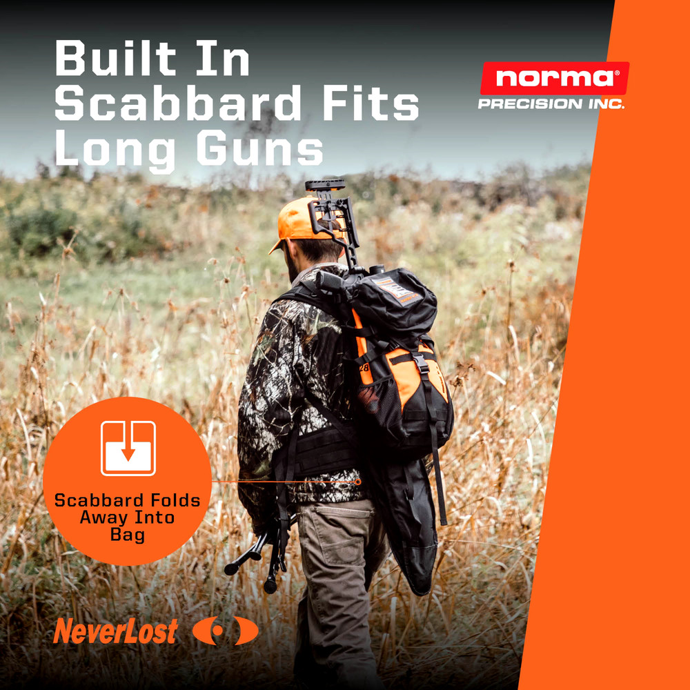 NEVERLOST NORMA ADDON SCOUT BACKPACK WITH OPEN SCABBARD BLACK ORANGE 28L