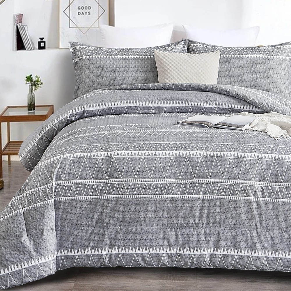 Grey Comforter Set Queen, Soft Microfiber Reversible Gray Boho Down Alternative