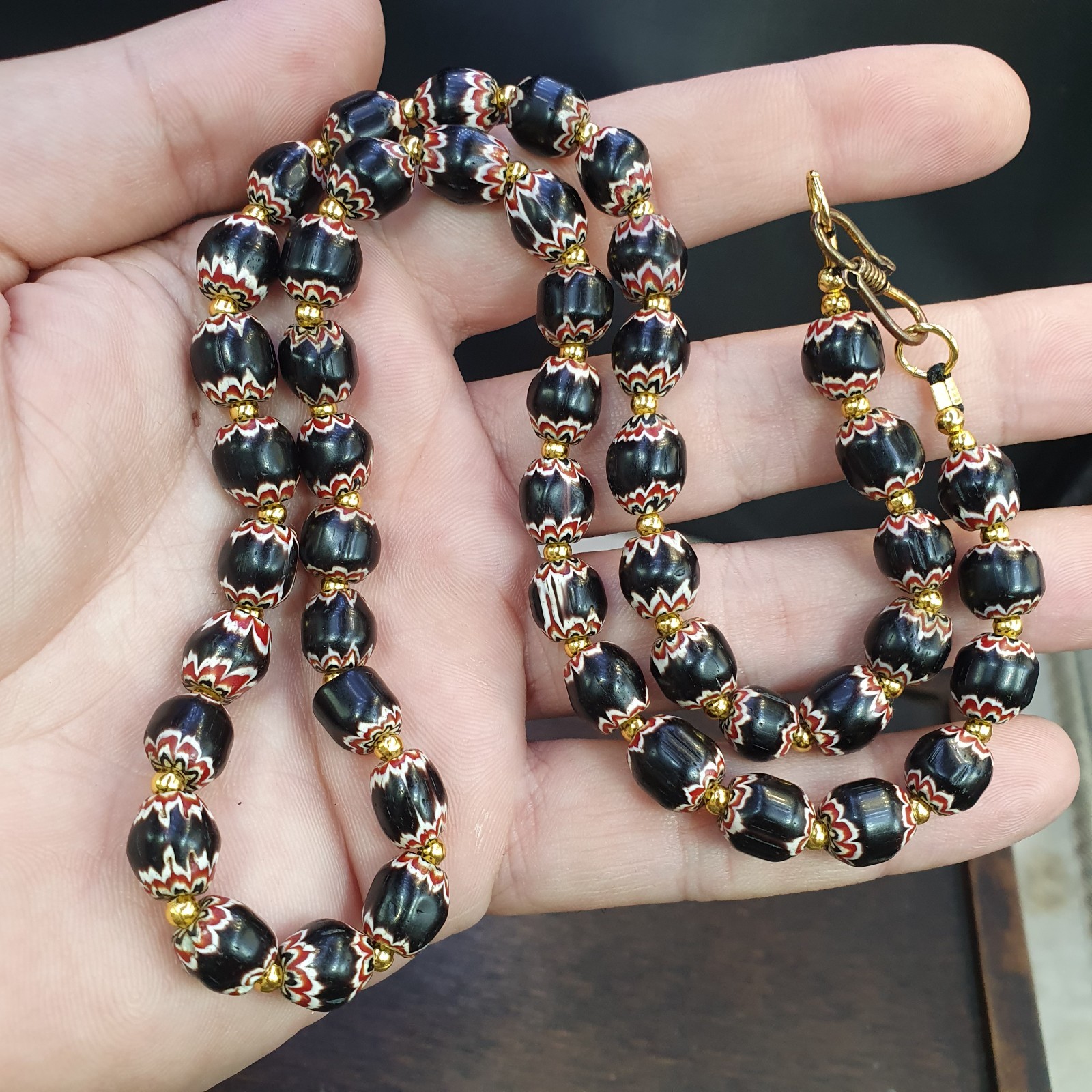 Vintage Venetian Style beads Old African black Glass Chevron Beads Long Strand