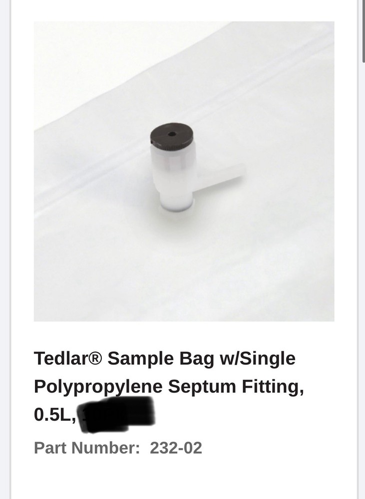 Tedlar® Sample Bag w/Single Polypropylene Septum Fitting, 0.5L Quantity 9