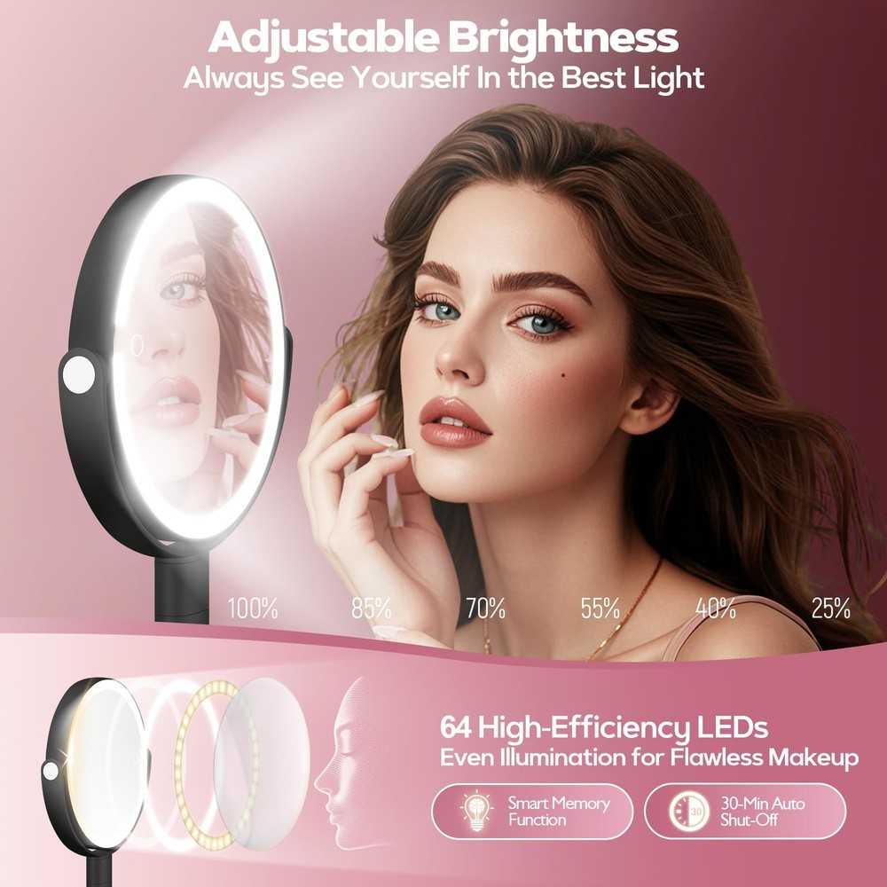 Makeup Mirror Lights 30X Magnifying Height Adjustable 3 Light Modes Dimming Blk