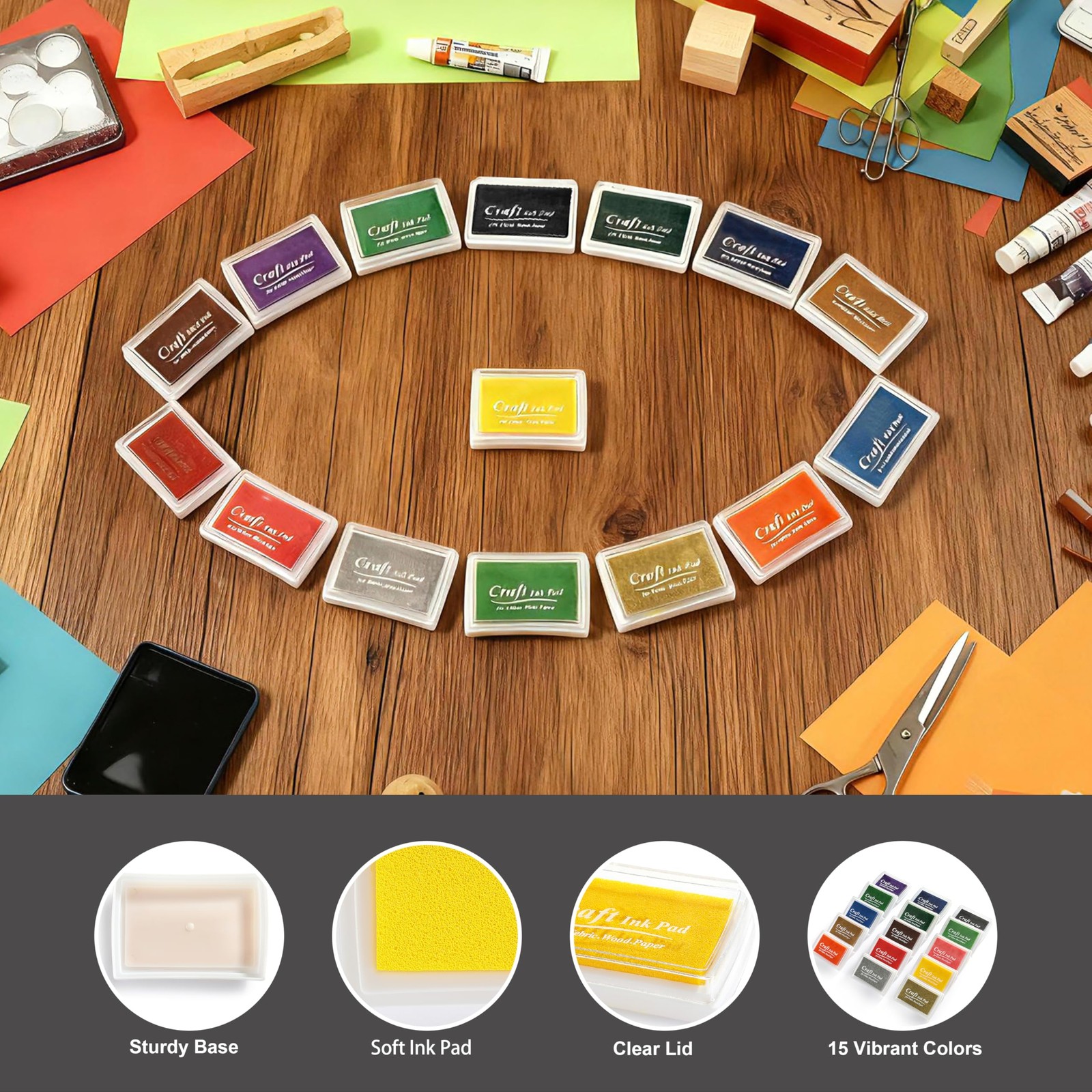 15 Ink Pads in Vibrant Colors for Stamps, DIY Crafts, Card Making, Scrapbooking