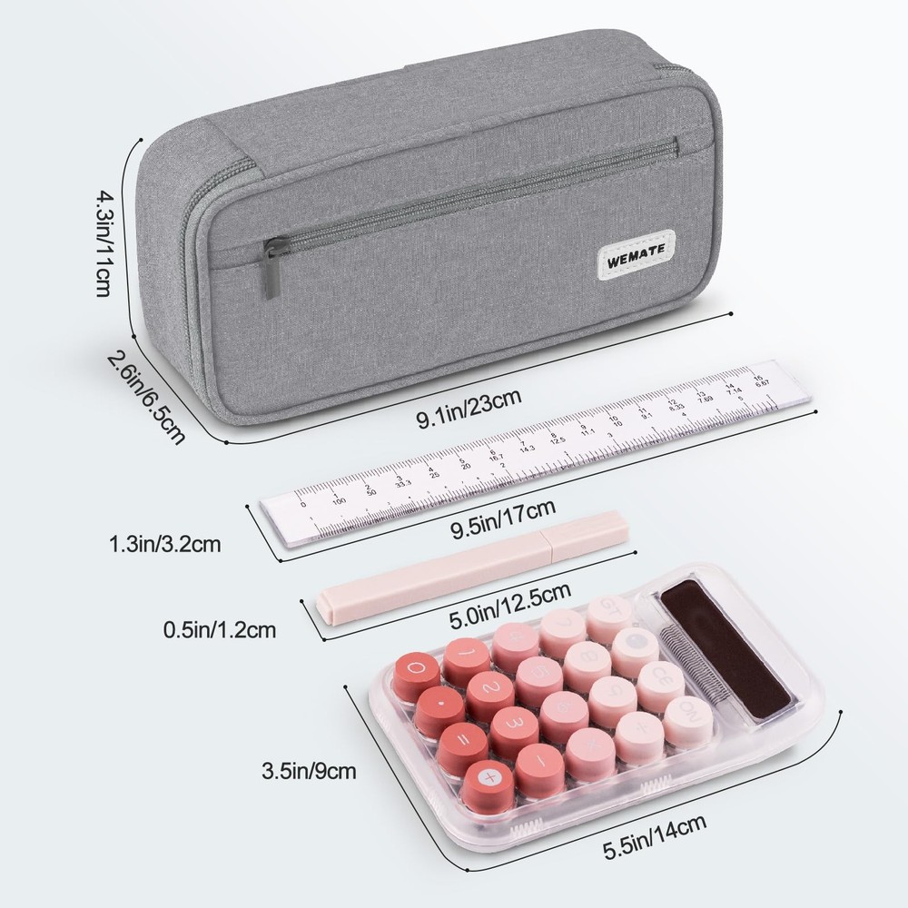 WEMATE Large Pencil Case, Pouch with Zipper Compartments, Light Grey