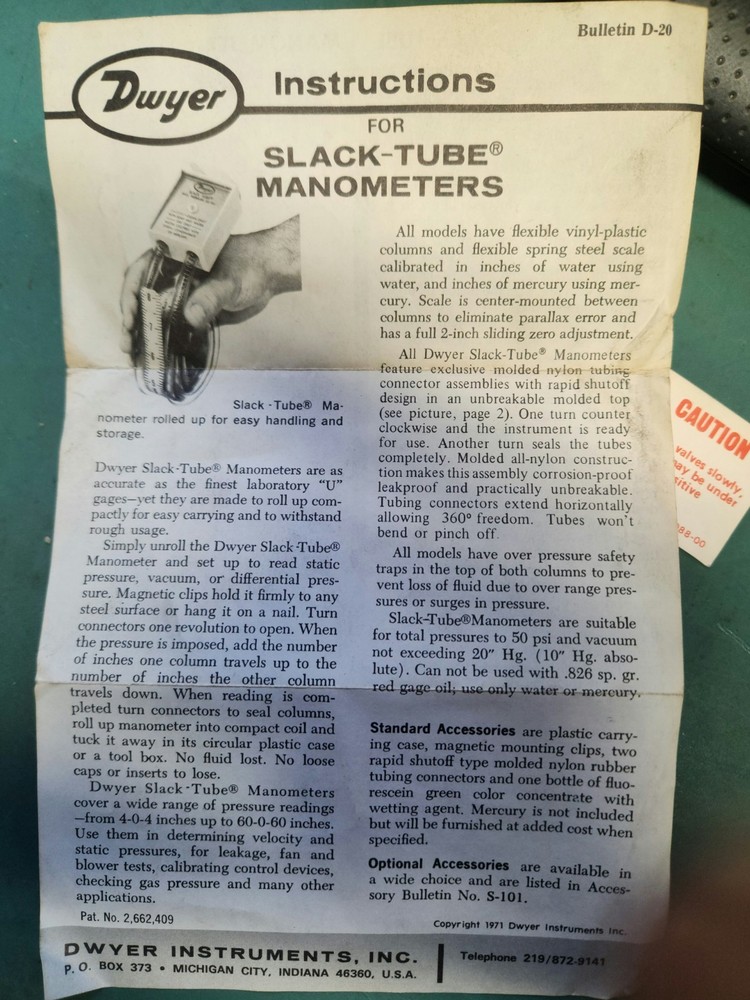 Dwyer Slack Tube Manometer