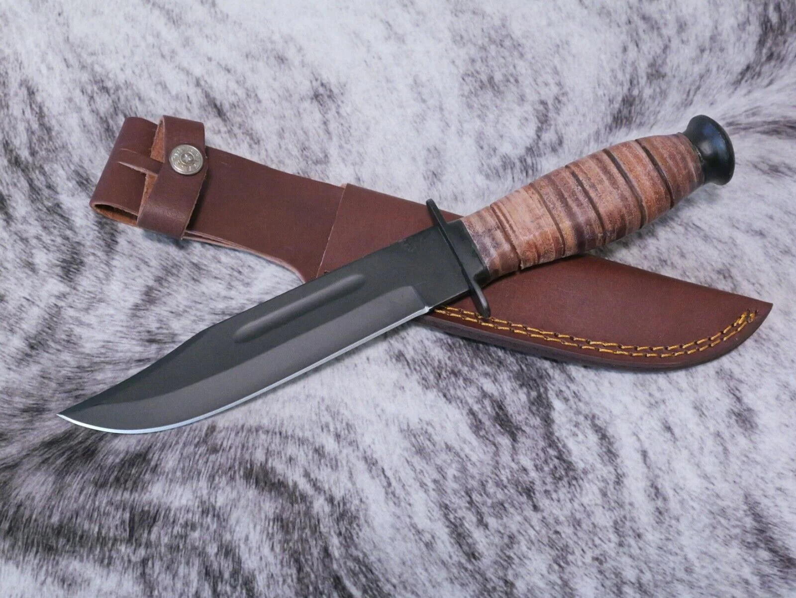 12" Kbar Style Survival Combat Knife Military Marines Black Blade Leather Handle