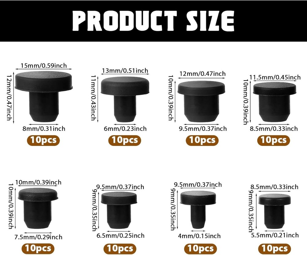 Silicone Hole Plugs Assorted Sizes 80 Pcs Black