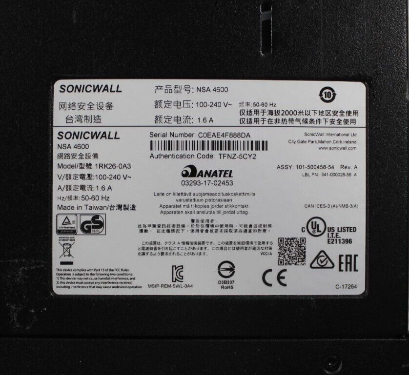SonicWALL NSA 4600 Network Security Appliance Firewall
