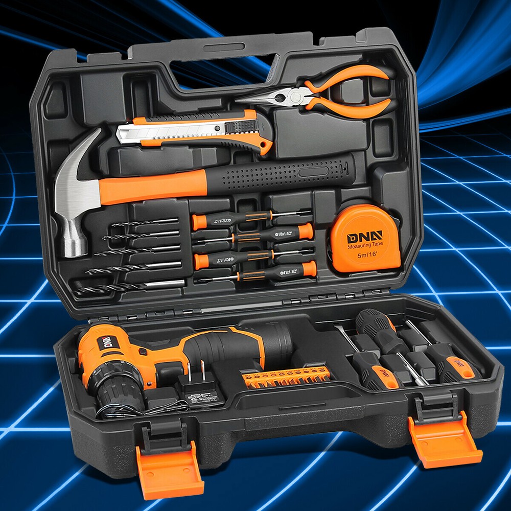 Orange Portable Household Toolbox Cordless Drill+Bits 27-Piece Hand Tool Package