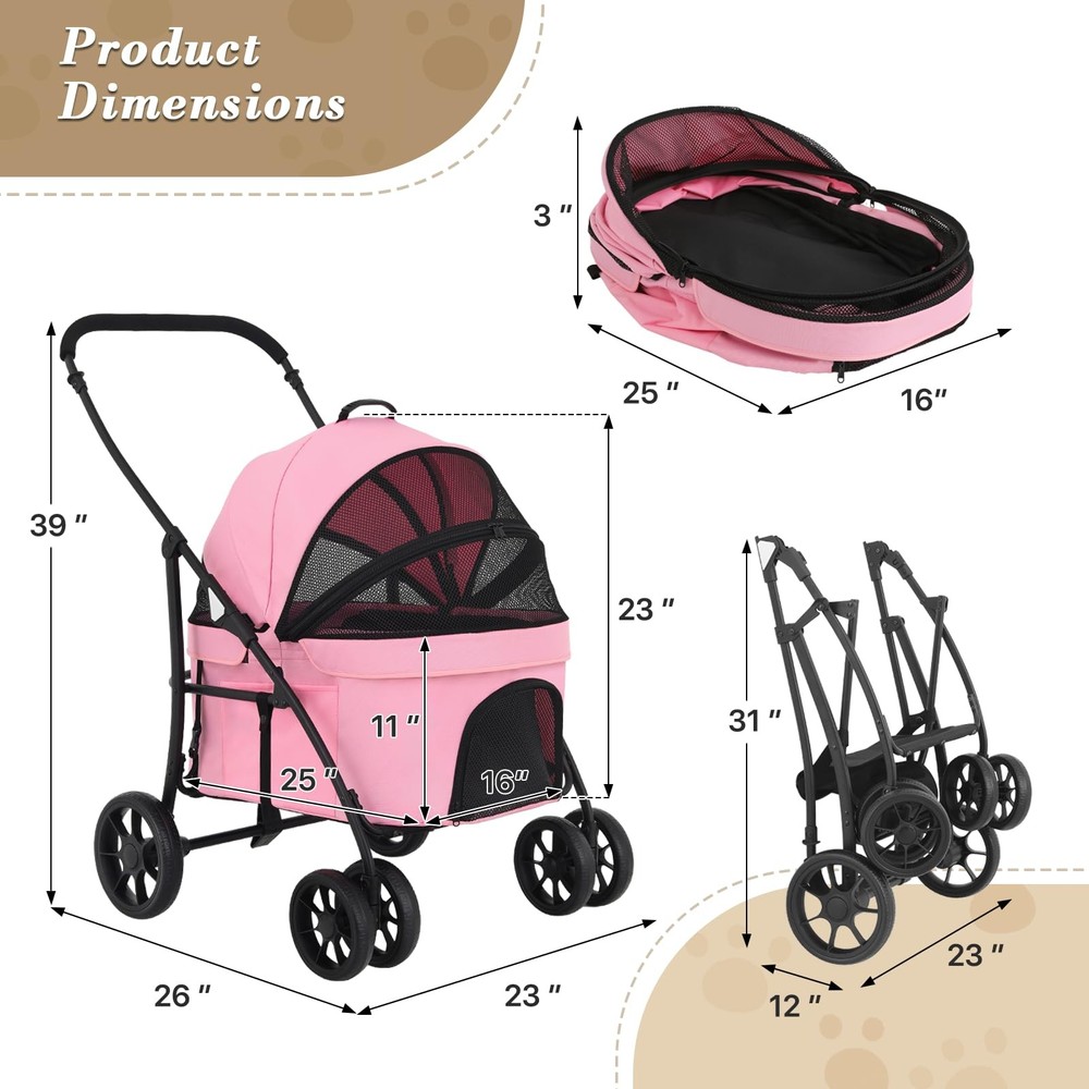 Dog Stroller for Small/Medium Dogs,Foldable Pet Stroller with Detachable Carr...